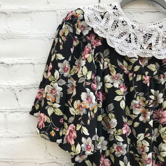 Vintage 1990's Black Floral Maxi Dress Lace Collar - Picture 2 of 8